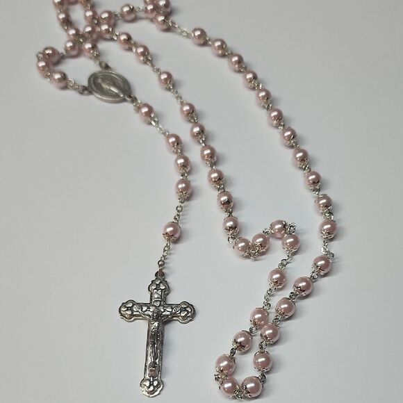 Pink Faux Pearl Rosary - Picture 1 of 5
